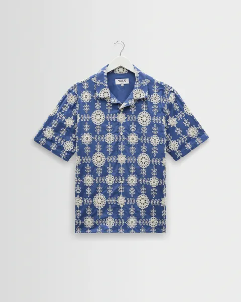 Didcot - Blue and Ecru Corded Lace Short-Sleeve Shirt