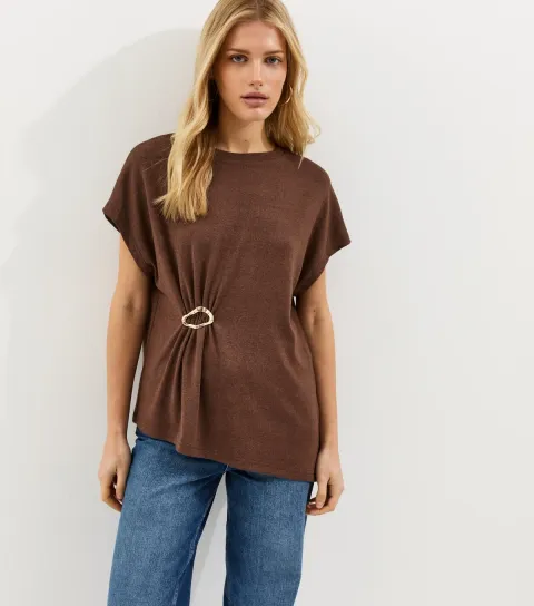 Women's Dark Brown Textured Soft Touch Buckle Detail Top