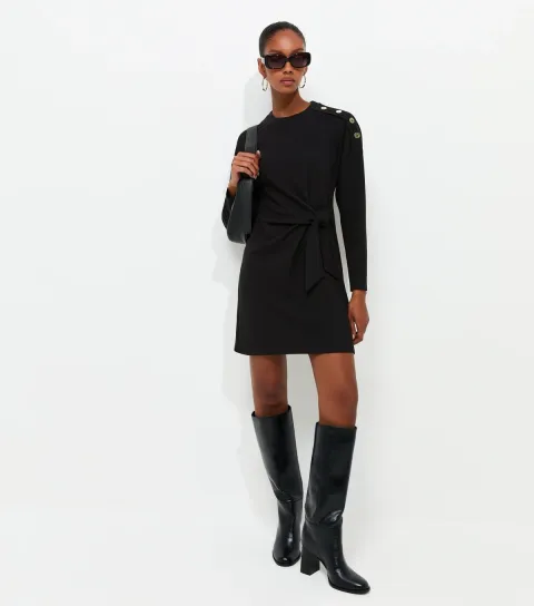 Women's Black Ribbed Long Sleeve Mini Dress