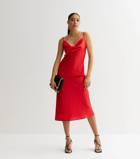 New Look Women's Red Satin Cowl Neck Midi Slip Dress