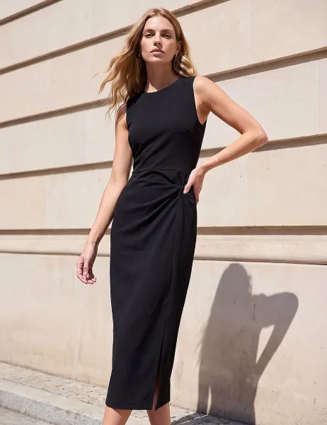 Roman Shirred Midi Dress Black Mix