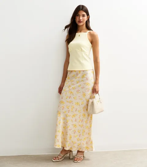 Women's Yellow Floral Print Bias Cut Midi Skirt