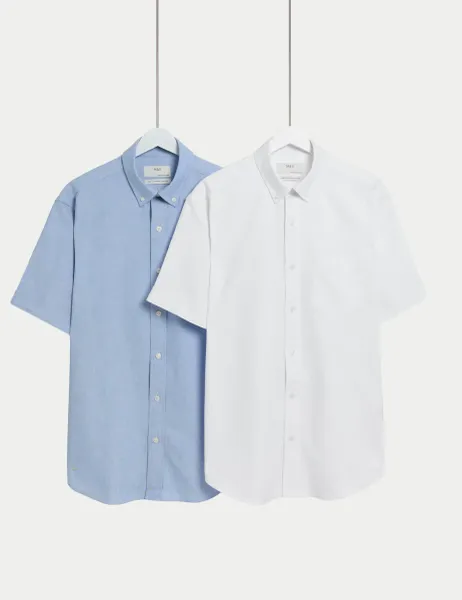 Marks & Spencer Ultimate 2 Pack Short Sleeve Oxford Shirts Light Blue Mix