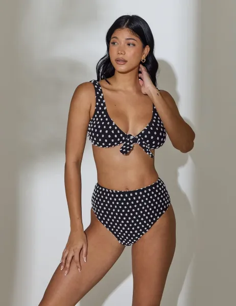 South Beach Textured Polka Dot High Waisted Bikini Bottoms Black