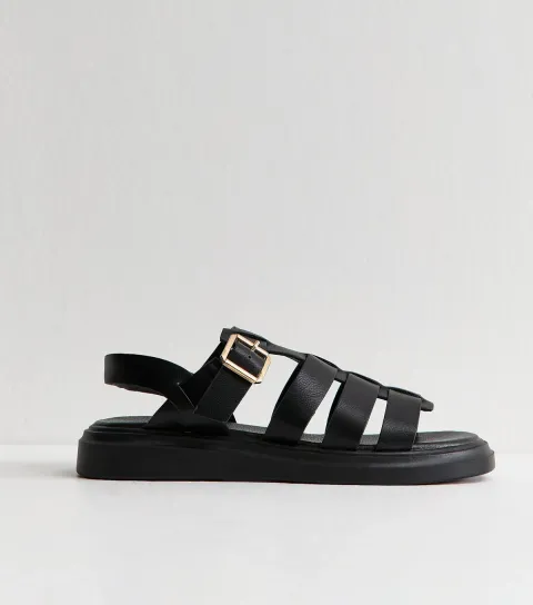 Women's Wide Fit Black Faux Leather Chunky Gladiator Sandals Vegan