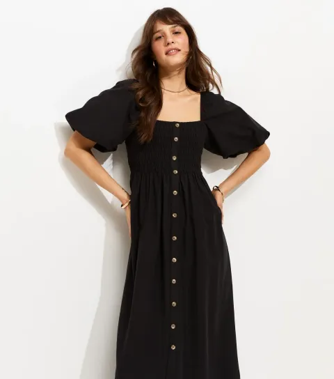 Women's Tall Black Button Through Shirred Midi Dress