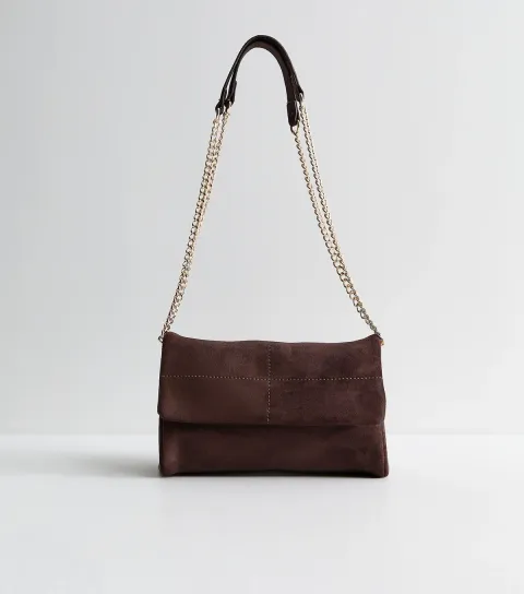 New Look Dark Brown Faux Suede Quilted Stitch Front Crossbody Bag Vegan