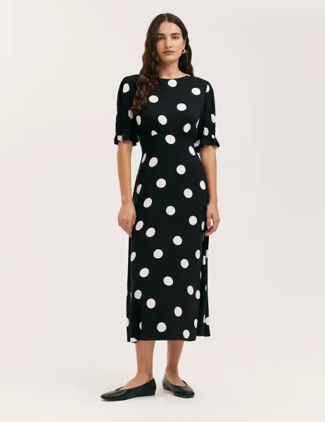 Finery London Polka Dot Round Neck Midi Tea Dress Black Mix