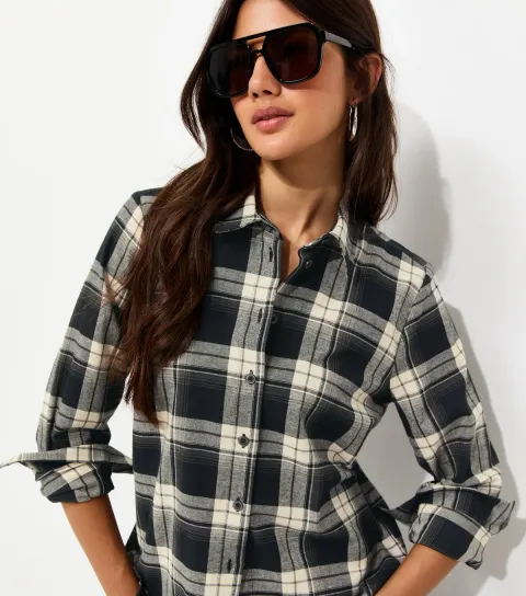 Women's Black Cotton Monochrome Check Long Sleeve Shirt