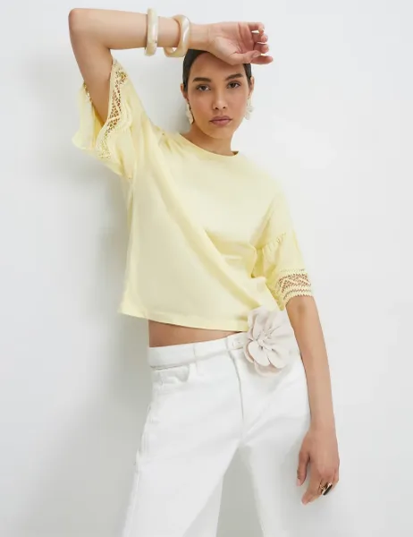 River Island Lace Trim Drop Shoulder T-Shirt Yellow