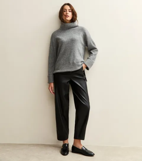 Women's Black Faux Leather Barrel Leg Trousers