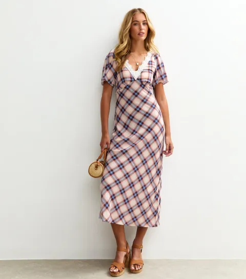 Women's Tall Off White Checked Lace Trim Midi Dress
