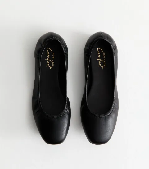 Women's Black Faux Leather Scrunch Ballet Flats