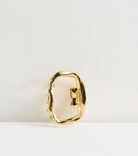 Gold Tone Beaten Metal Oval Hair Claw Clip
