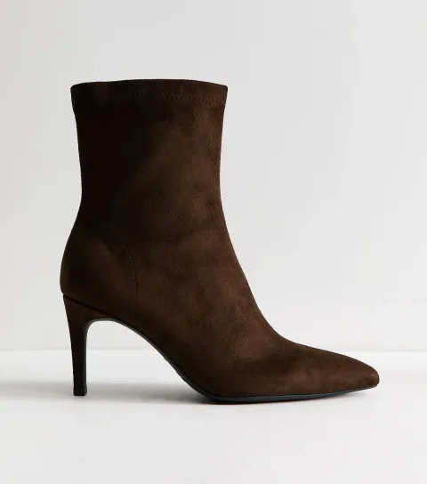 Women's Dark Brown Faux Suede Pointed Sock Stiletto Ankle Boots Vegan