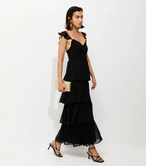 New Look Women's Black Tiered Chiffon Midi Dress