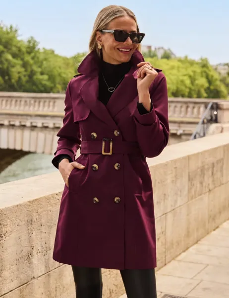 SOSANDAR Double Breasted Belted Trench Coat Burgundy