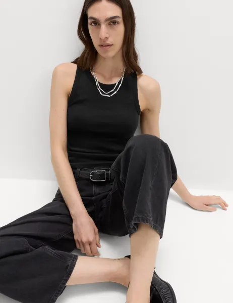 Marks & Spencer Cotton Rich Ribbed Scoop Neck Bra Vest Top Black