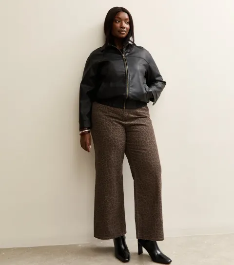 Women's Plus Size Brown Leopard Print Wide Leg Jeans Curves