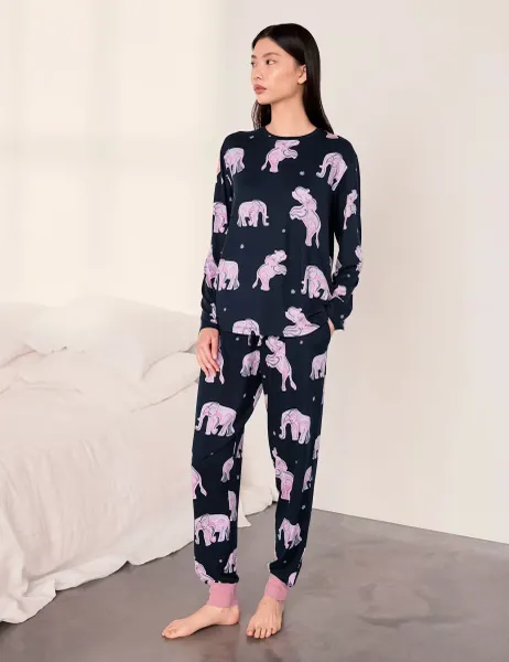 Chelsea Peers Jersey Elephant Print Cuffed Hem Pyjama Set Navy