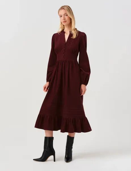 Ghost Cotton Corduroy Frilled Collar Midi Dress Burgundy