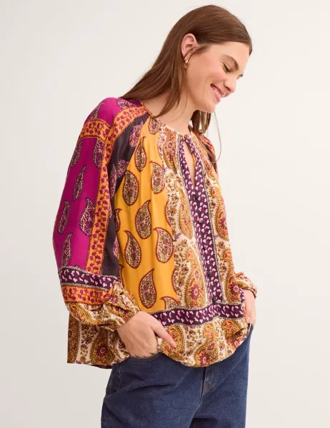 Monsoon Paisley Smocked Blouson Sleeve Blouse Pink Mix
