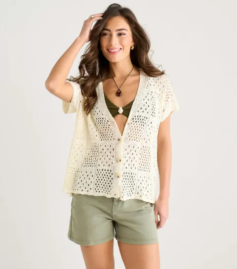 Women's Cream Crochet Button Front Cardigan