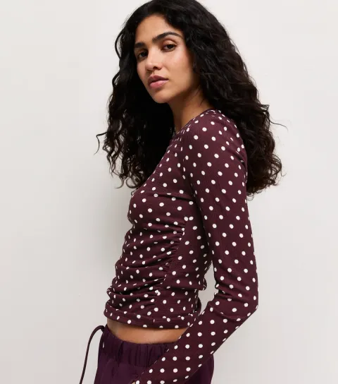 Women's Dark Burgundy Polka Dot Long Sleeve Top