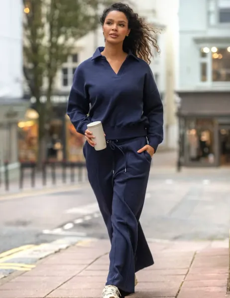 Pour Moi Cotton Rich Drawstring Wide Leg Joggers Navy