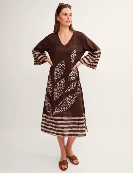 Monsoon Cotton Rich Printed V-Neck Midaxi Kaftan Dress Brown Mix
