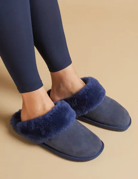 Jones Bootmaker Leather Sheepskin Mule Slippers Navy