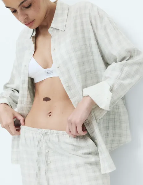 Marks & Spencer Brushed Cotton Blend Checked Pyjama Set Light Grey Mix