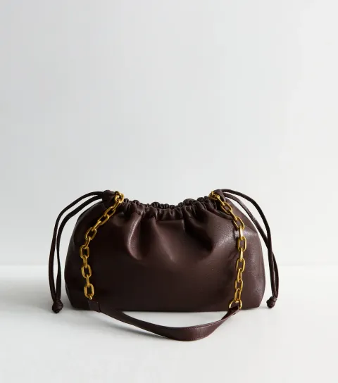 New Look Dark Burgundy Faux Leather Drawstring Chain Strap Crossbody Bag