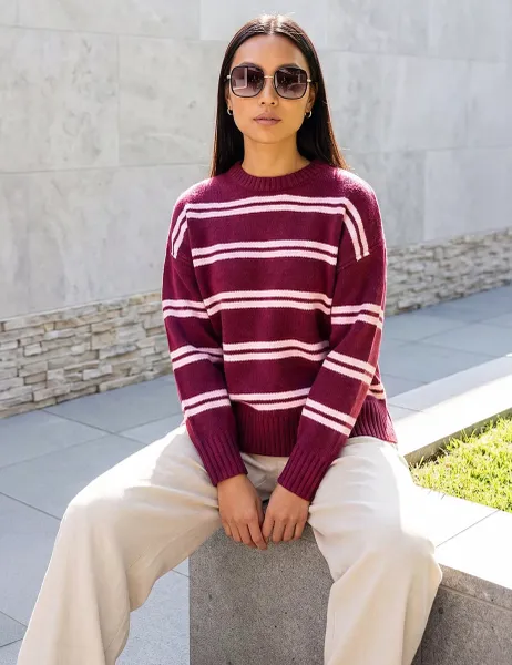 Roman Striped Crew Neck Jumper Burgundy Mix