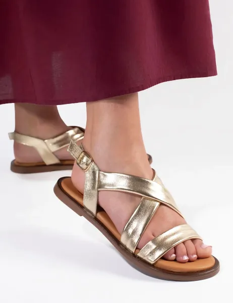 Jones Bootmaker Wide Fit Leather Metallic Flat Sandals Gold