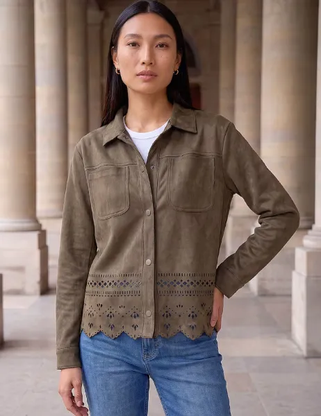 Roman Faux Suede Cut Out Detail Shacket Khaki