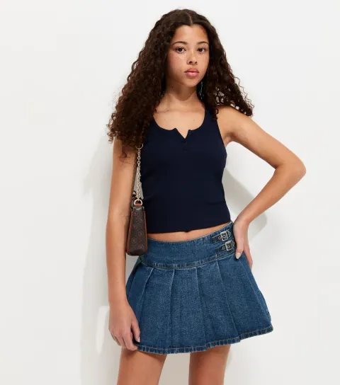 Women's Girls' Blue Cotton Pleated Denim Skort