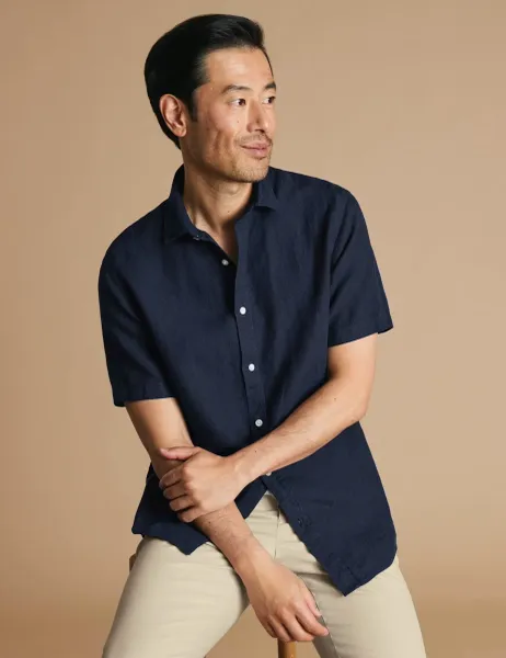Charles Tyrwhitt Slim Fit Pure Linen Short Sleeve Shirt Navy