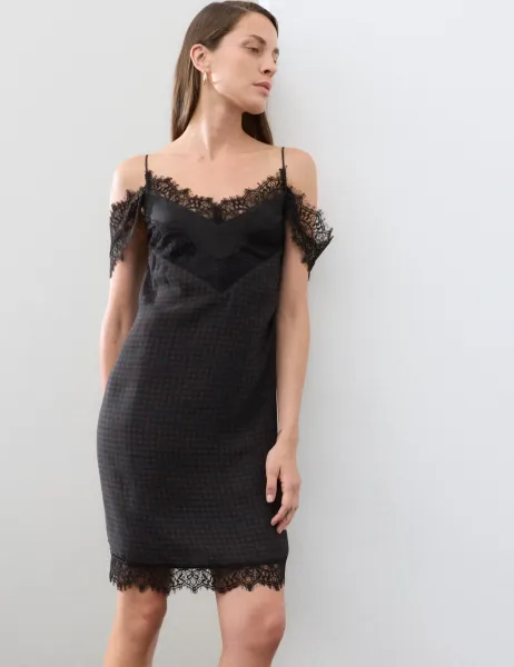 Autograph Checked Lace Trim Mini Slip Dress Black Mix