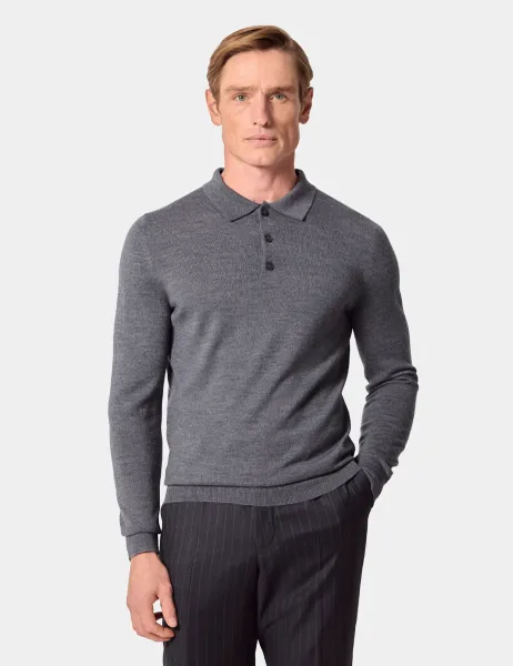 Hawes & Curtis Pure Wool Long Sleeve Polo Shirt Grey