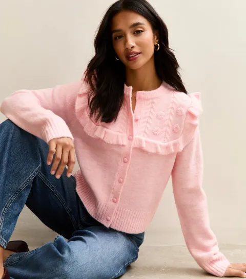 Women's Petite Pink Floral Design Frilly Trimmed Cardigan