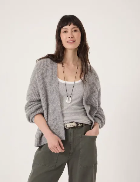 HUSH Alpaca Blend Pointelle Relaxed Cardigan Grey Marl