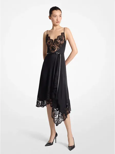 Lace Trim Satin Charmeuse Asymmetric Slip Dress