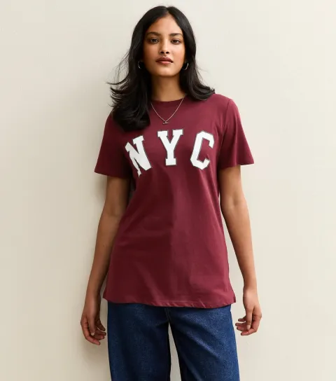 Women's Burgundy NYC Slogan T-Shirt