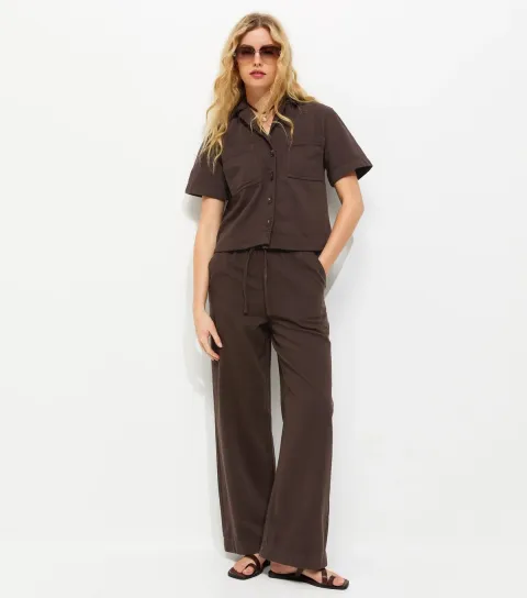 Women's Brown Cotton Twill Short Sleeve Boxy Shirt