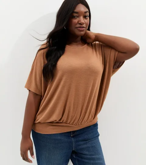 Women's Plus Size Camel Slub Batwing Sleeve Top Curves