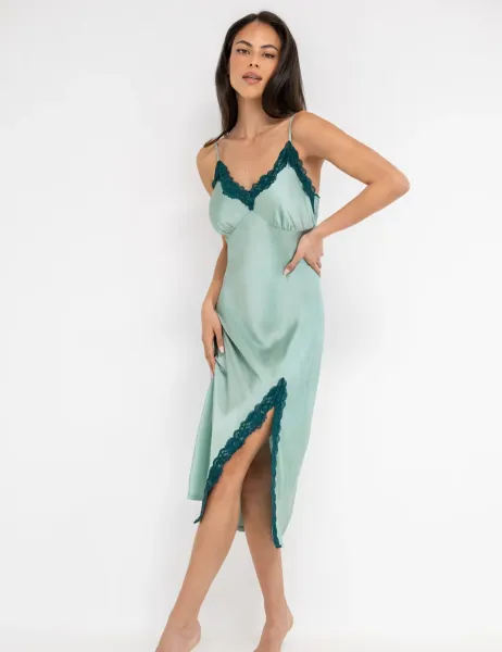 Pour Moi Dusk Satin and Lace Midi Chemise Teal Mix