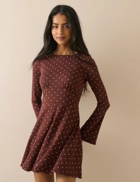 Nobody's Child Polka Dot Round Neck Mini Skater Dress Brown