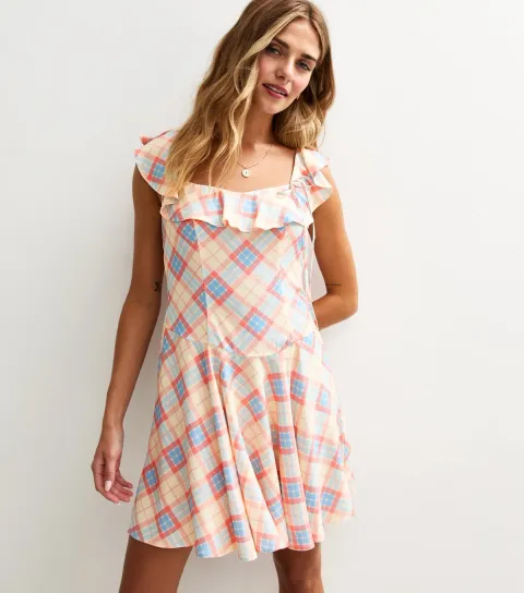 Women's Pink Check Print Ruffle Front Side Bow Mini Dress