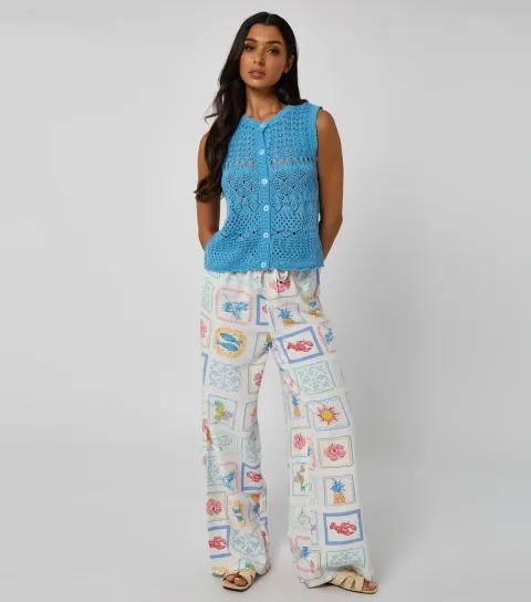 Women's White Postcard Print Wide Leg Trousers